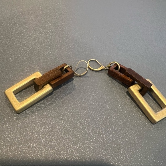 Gold & Brown Geometric Link Earrings for Pierced Ears Leverback French Closure - Picture 1 of 7